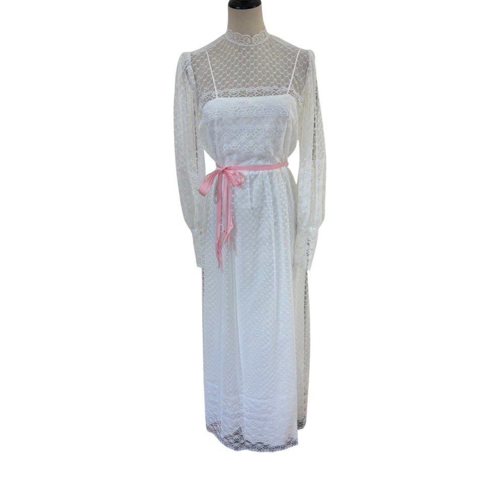 Vtg 70s Lace‎ Sheer Maxi Dress White W26" Romantic Bridal Boho Prairie